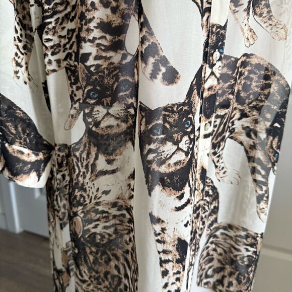 H&M Cream Leopard Cat Print Long Sleeve Midi Shirt Dress Size 8 - Picture 3 of 7